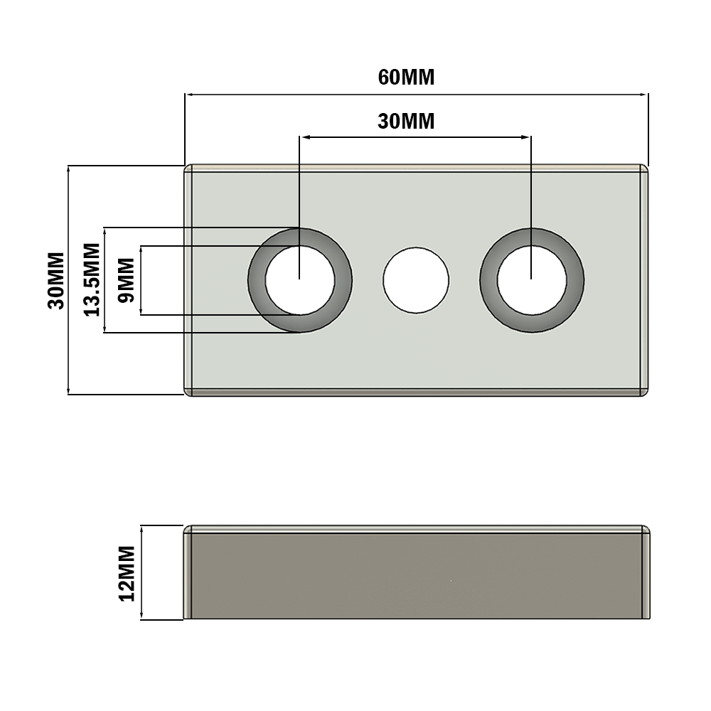 32-3060M10S-0 FOOT & CASTER CONNECTING PLATE<BR>30MM X 60MM, M10 HOLE, SOLID ALUMINUM